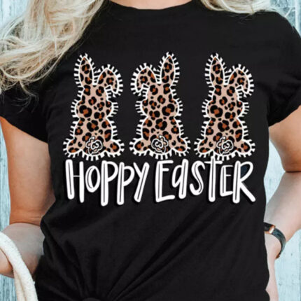 New Ladies Leopard Bunny Easter Explosion Style Urban Casual Short-sleeved T-Shirt Top