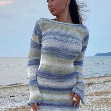 New women's sexy open back bell sleeve striped sweater dress
