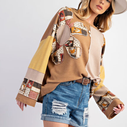 Women's Contrast Print Waffle Top Casual Loose Sweatshirt