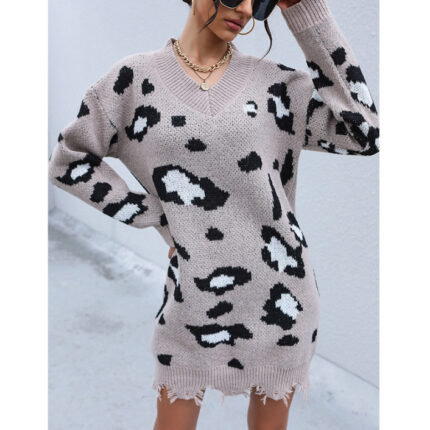 Knit Long Sleeve V-Neck Shabby Leopard Sweater Dress